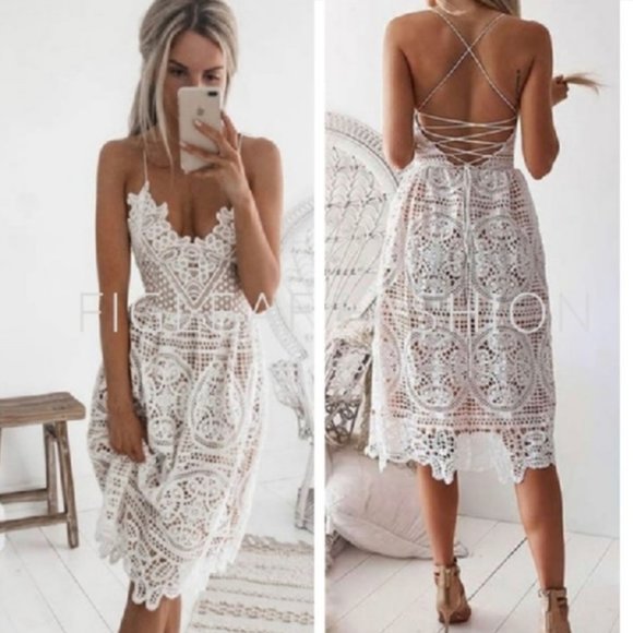 FLASH SALE! White Crochet Lace Beach Wedding Party Dress - Picture 7 of 10